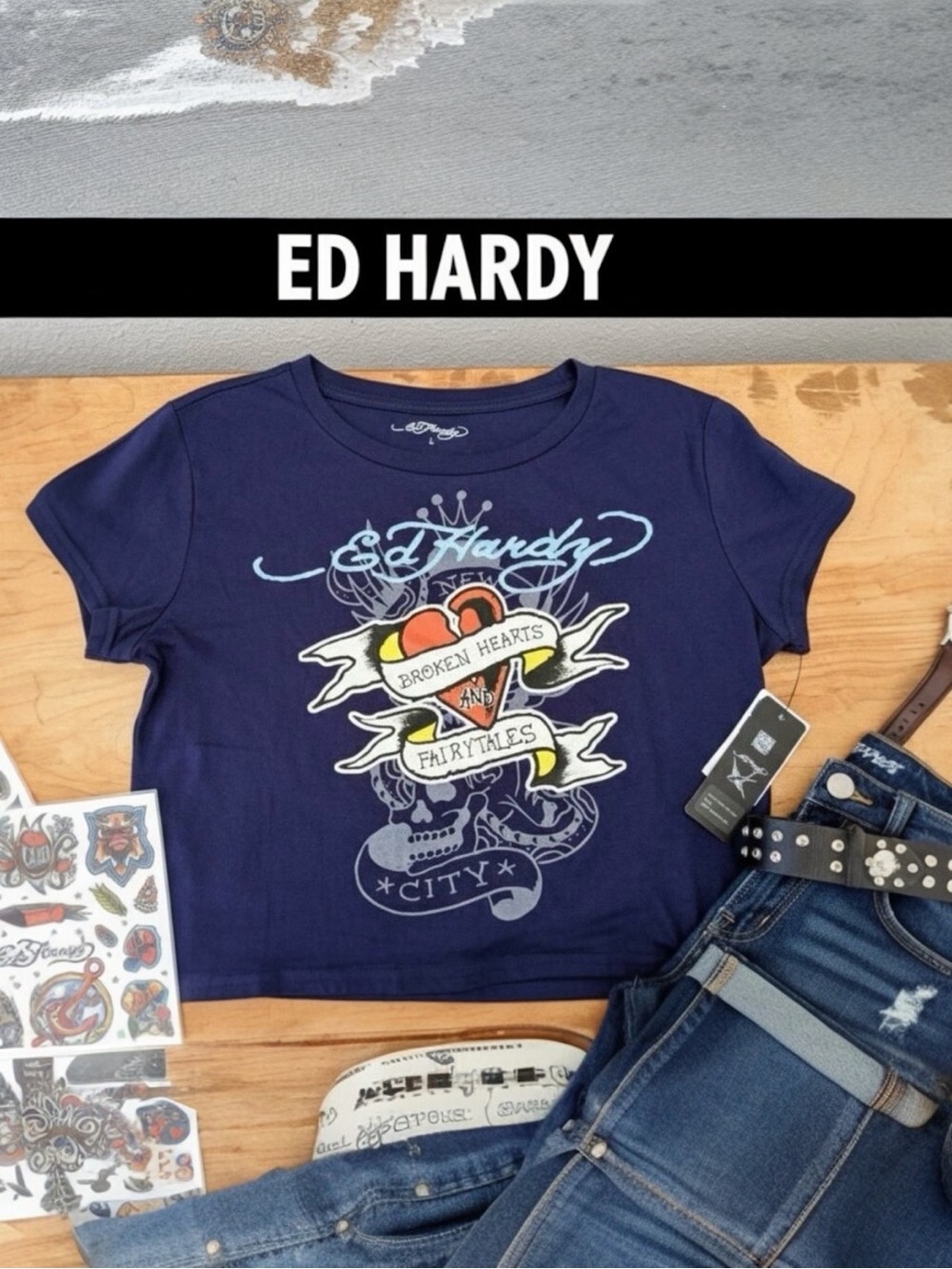 Ed Hardy "Broken Hearts and Fairytales" Graphic Crop Tee - Navy Blue - Size L